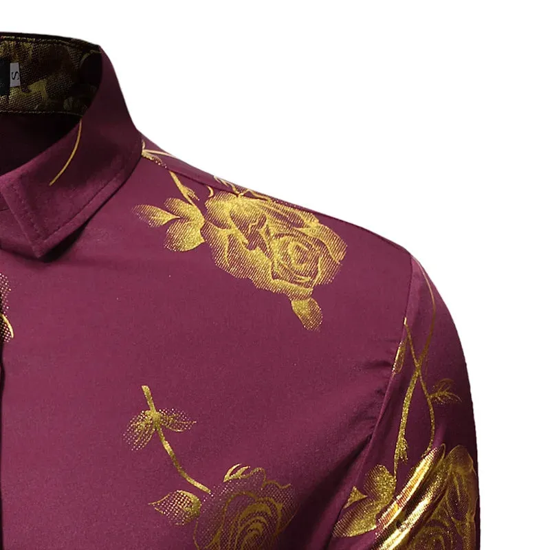 Stylish Rose Floral Gold Print Pink Shirt Men's Slim Fit Long Sleeve Dress Shirts Club Party Wedding Camisa Social