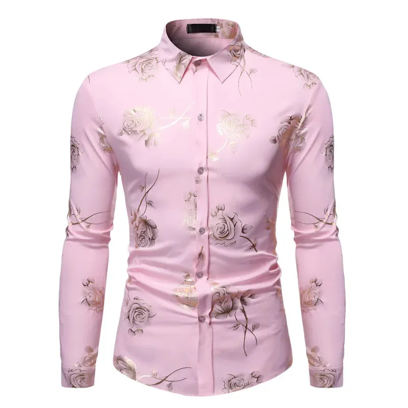 Stylish Rose Floral Gold Print Pink Shirt Men's Slim Fit Long Sleeve Dress Shirts Club Party Wedding Camisa Social