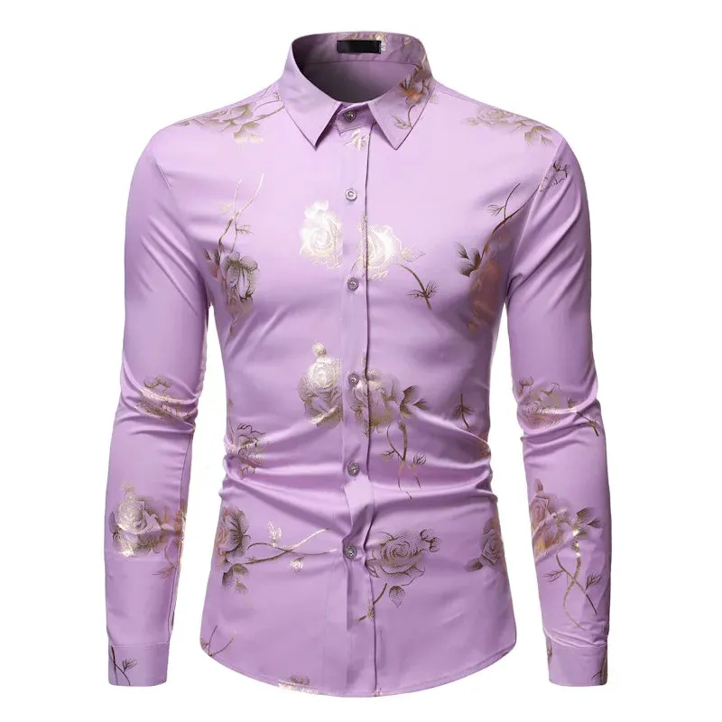 Stylish Rose Floral Gold Print Pink Shirt Men's Slim Fit Long Sleeve Dress Shirts Club Party Wedding Camisa Social