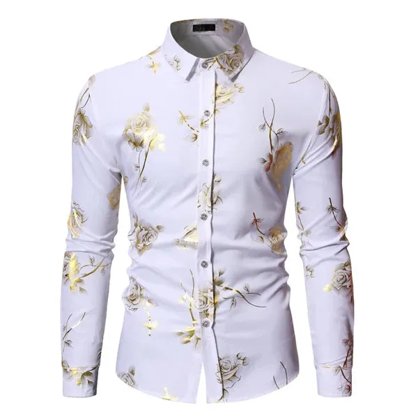 Stylish Rose Floral Gold Print Pink Shirt Men's Slim Fit Long Sleeve Dress Shirts Club Party Wedding Camisa Social