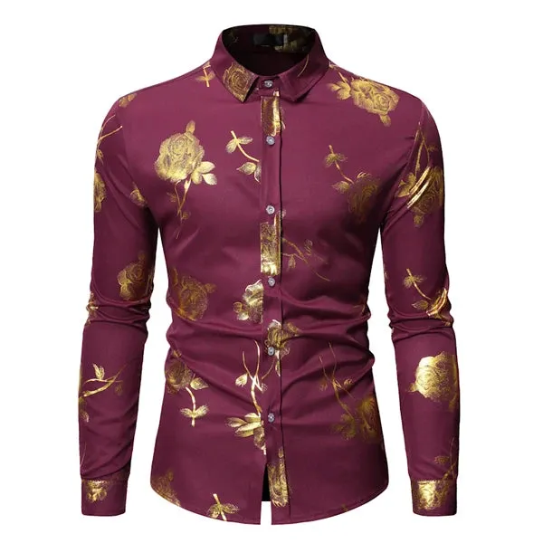 Stylish Rose Floral Gold Print Pink Shirt Men's Slim Fit Long Sleeve Dress Shirts Club Party Wedding Camisa Social