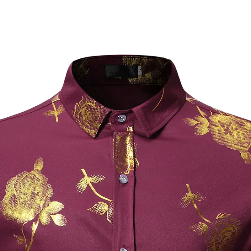 Stylish Rose Floral Gold Print Pink Shirt Men's Slim Fit Long Sleeve Dress Shirts Club Party Wedding Camisa Social