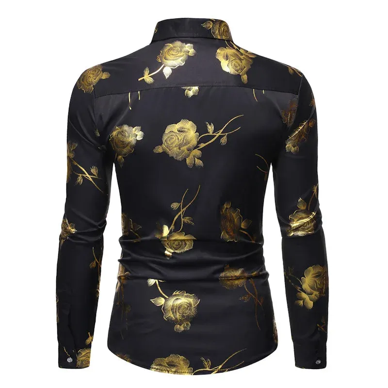 Stylish Rose Floral Gold Print Pink Shirt Men's Slim Fit Long Sleeve Dress Shirts Club Party Wedding Camisa Social