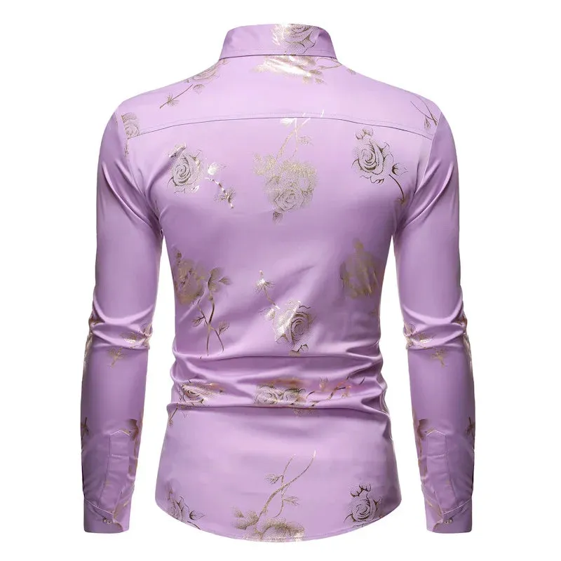 Stylish Rose Floral Gold Print Pink Shirt Men's Slim Fit Long Sleeve Dress Shirts Club Party Wedding Camisa Social