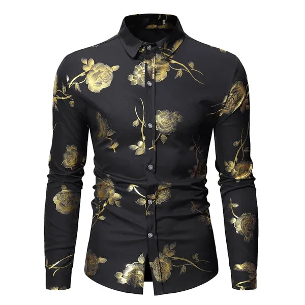 Stylish Rose Floral Gold Print Pink Shirt Men's Slim Fit Long Sleeve Dress Shirts Club Party Wedding Camisa Social