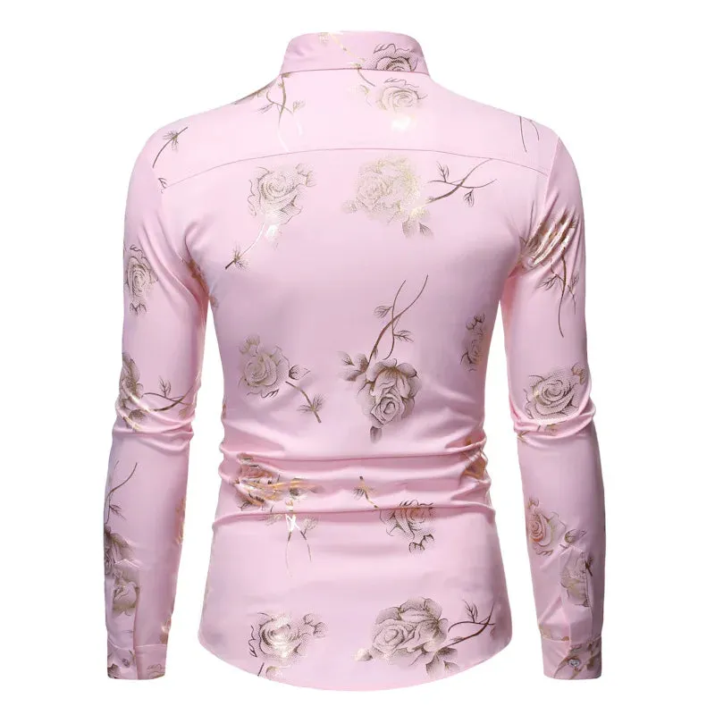 Stylish Rose Floral Gold Print Pink Shirt Men's Slim Fit Long Sleeve Dress Shirts Club Party Wedding Camisa Social