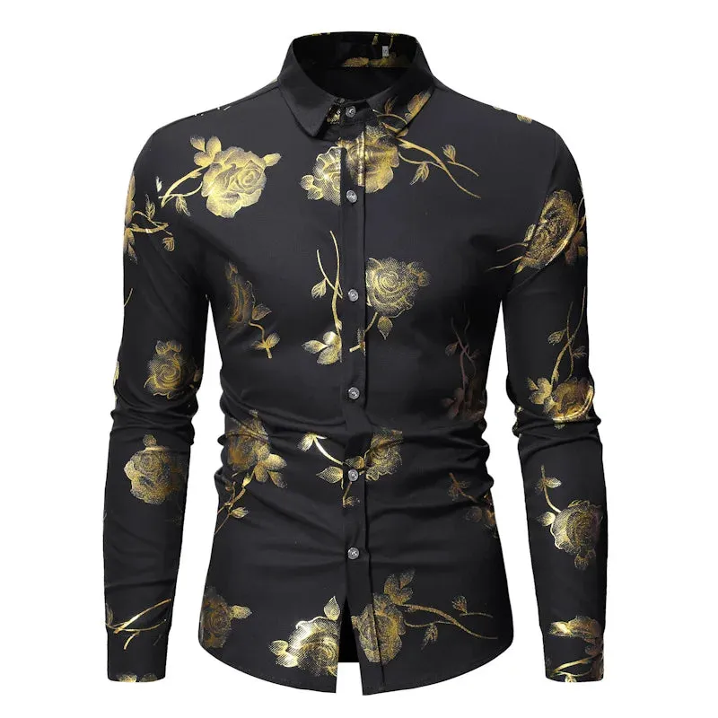 Stylish Rose Floral Gold Print Pink Shirt Men's Slim Fit Long Sleeve Dress Shirts Club Party Wedding Camisa Social