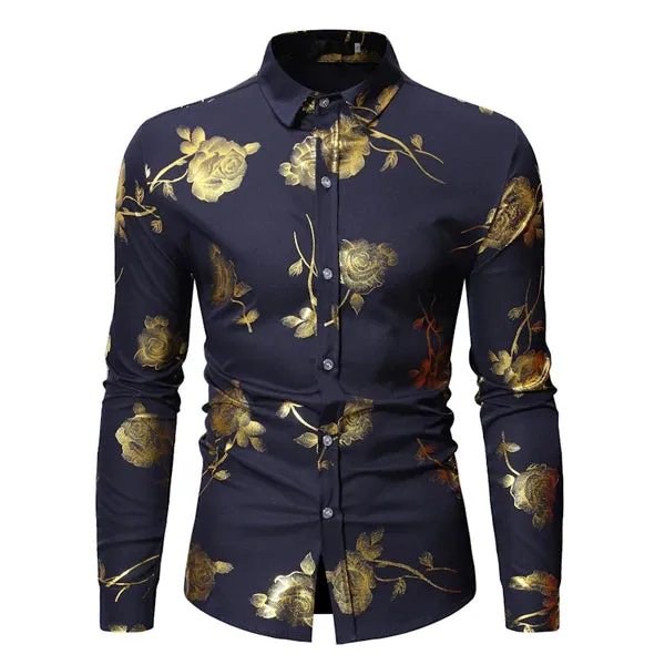 Stylish Rose Floral Gold Print Pink Shirt Men's Slim Fit Long Sleeve Dress Shirts Club Party Wedding Camisa Social