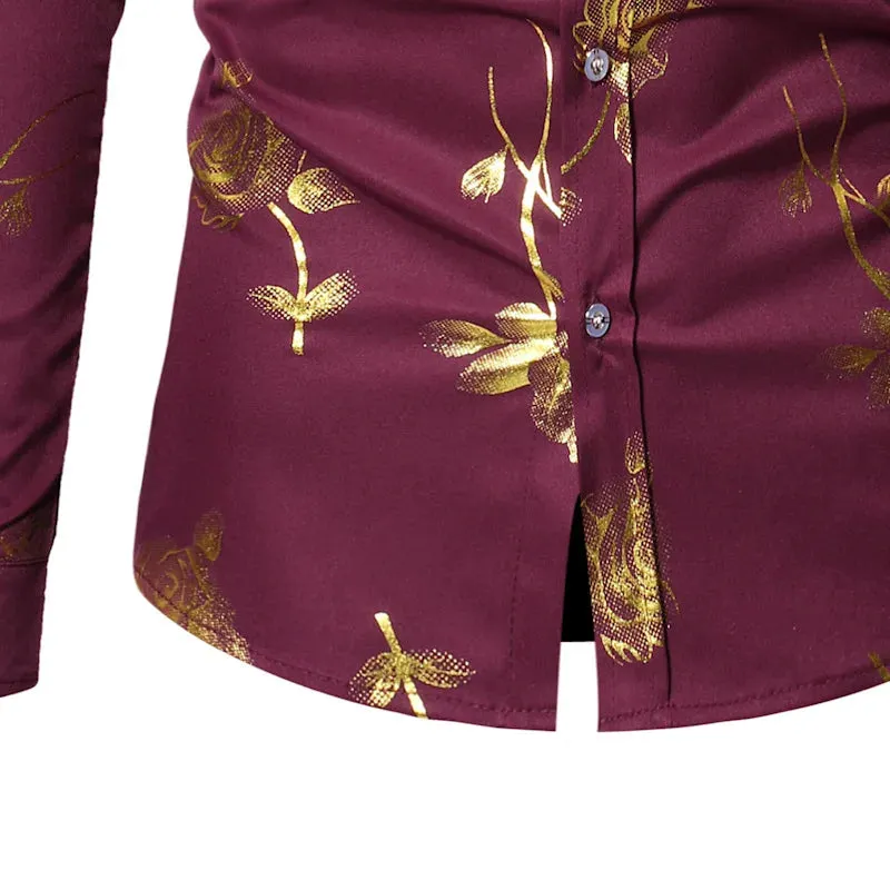 Stylish Rose Floral Gold Print Pink Shirt Men's Slim Fit Long Sleeve Dress Shirts Club Party Wedding Camisa Social