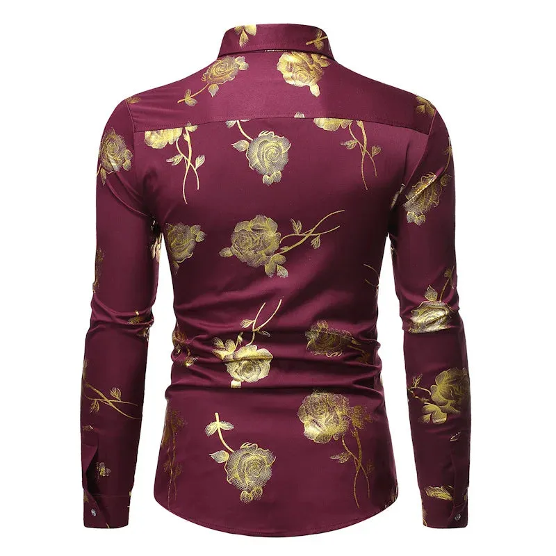 Stylish Rose Floral Gold Print Pink Shirt Men's Slim Fit Long Sleeve Dress Shirts Club Party Wedding Camisa Social