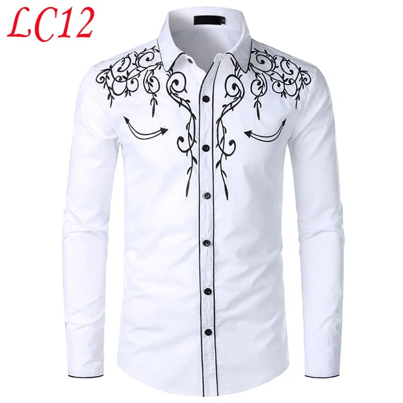 Stylish Western Cowboy Shirt Men's Brand Design Embroidery Slim Fit Casual Long Sleeve Wedding Party