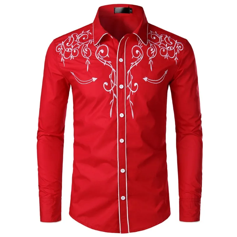 Stylish Western Cowboy Shirt Men's Brand Design Embroidery Slim Fit Casual Long Sleeve Wedding Party