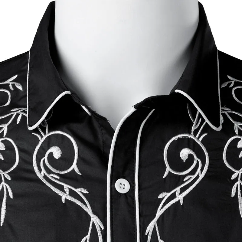 Stylish Western Cowboy Shirt Men's Brand Design Embroidery Slim Fit Casual Long Sleeve Wedding Party