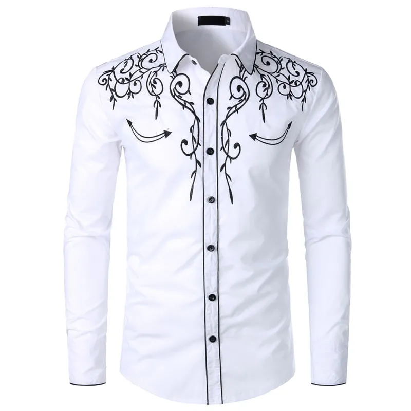 Stylish Western Cowboy Shirt Men's Brand Design Embroidery Slim Fit Casual Long Sleeve Wedding Party