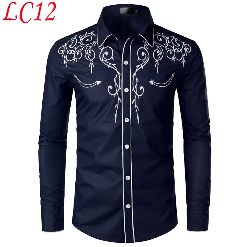 Stylish Western Cowboy Shirt Men's Brand Design Embroidery Slim Fit Casual Long Sleeve Wedding Party