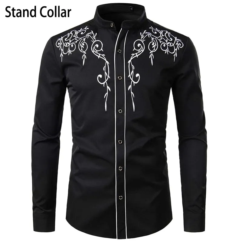 Stylish Western Cowboy Shirt Men's Brand Design Embroidery Slim Fit Casual Long Sleeve Wedding Party