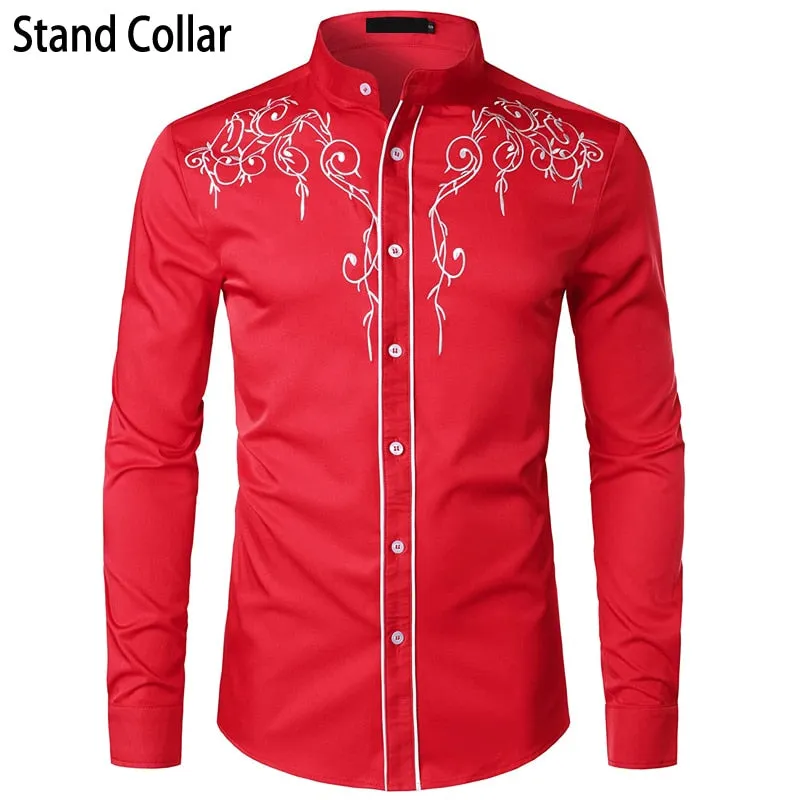 Stylish Western Cowboy Shirt Men's Brand Design Embroidery Slim Fit Casual Long Sleeve Wedding Party