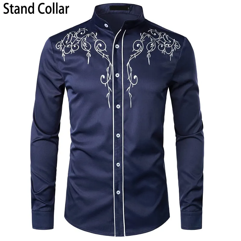 Stylish Western Cowboy Shirt Men's Brand Design Embroidery Slim Fit Casual Long Sleeve Wedding Party