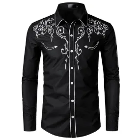 Stylish Western Cowboy Shirt Men's Brand Design Embroidery Slim Fit Casual Long Sleeve Wedding Party