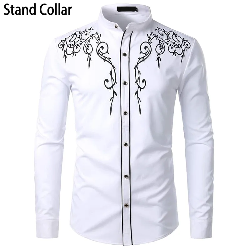 Stylish Western Cowboy Shirt Men's Brand Design Embroidery Slim Fit Casual Long Sleeve Wedding Party