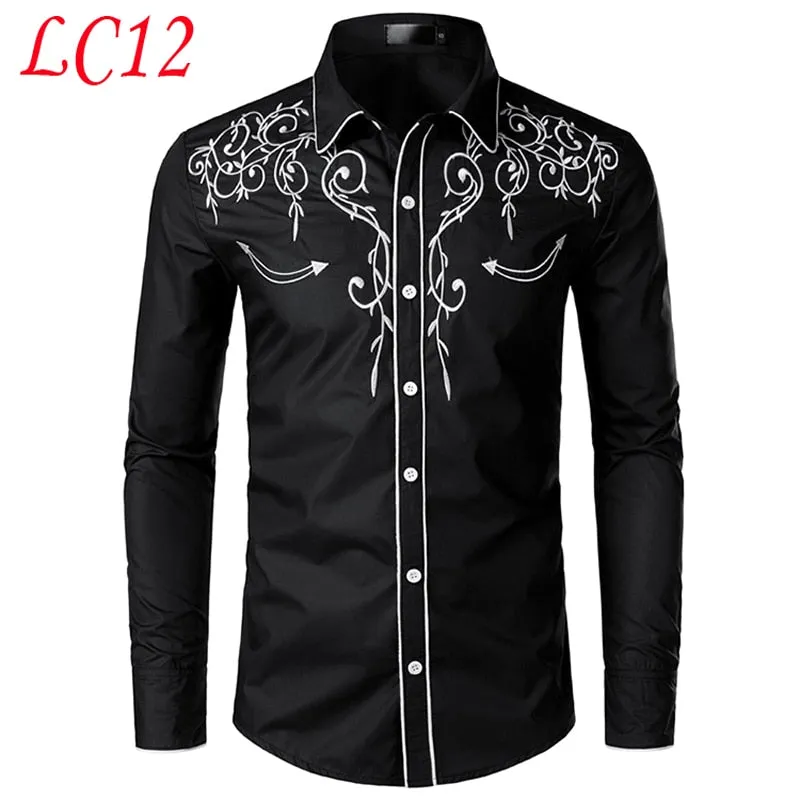 Stylish Western Cowboy Shirt Men's Brand Design Embroidery Slim Fit Casual Long Sleeve Wedding Party