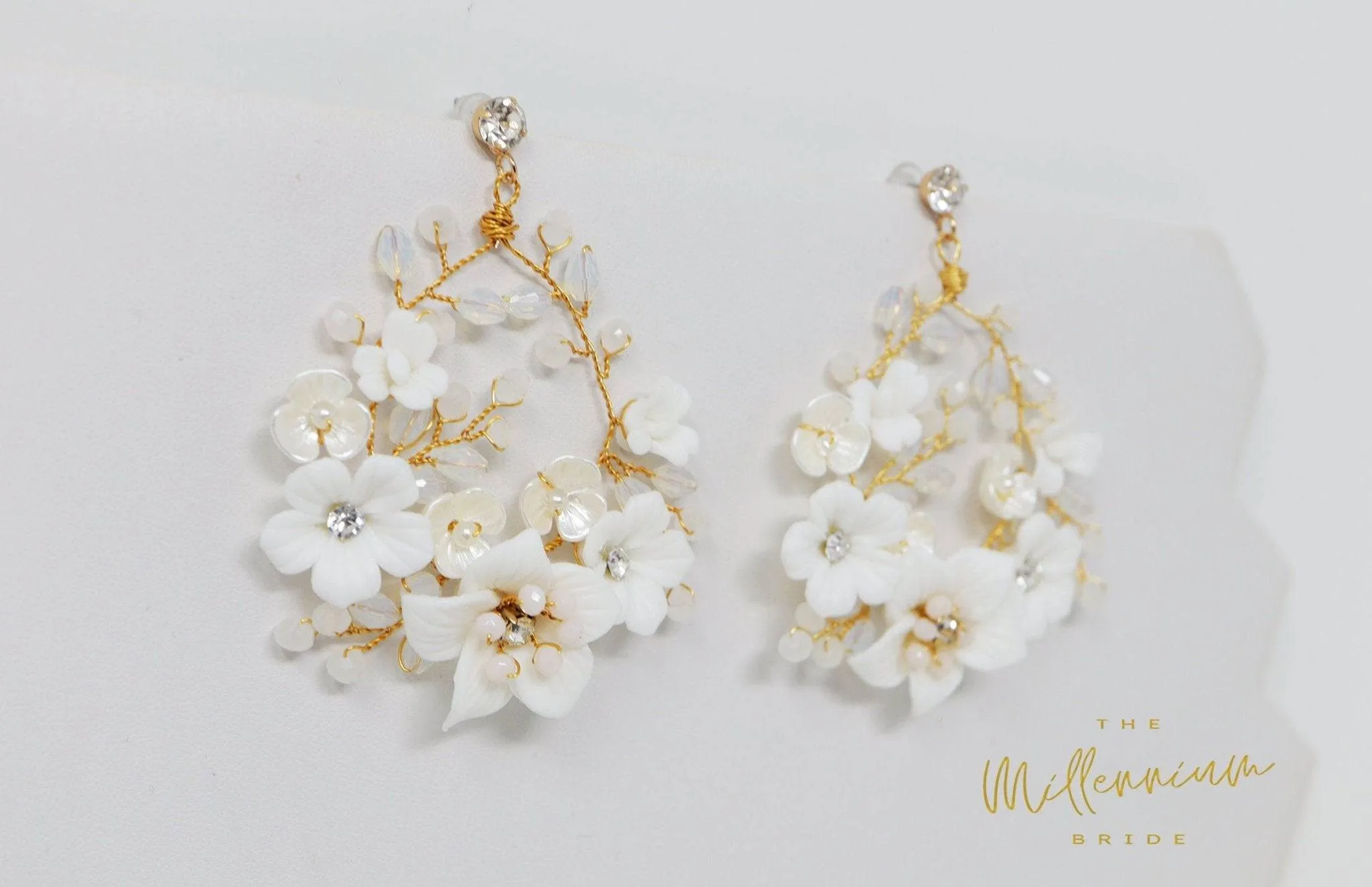 Swarovski Ceramic White Flower Sparkling Crystal Long Bridal Jewelry Crystal Bridal Earrings Statement Earrings Cz