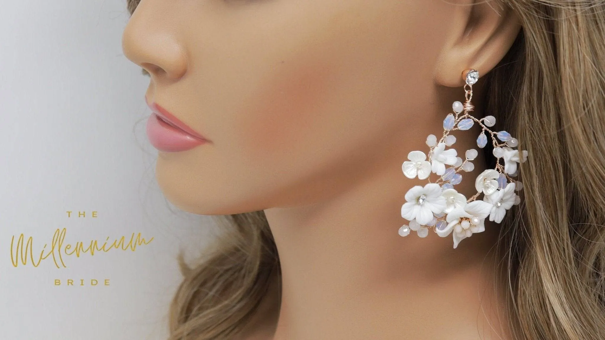 Swarovski Ceramic White Flower Sparkling Crystal Long Bridal Jewelry Crystal Bridal Earrings Statement Earrings Cz