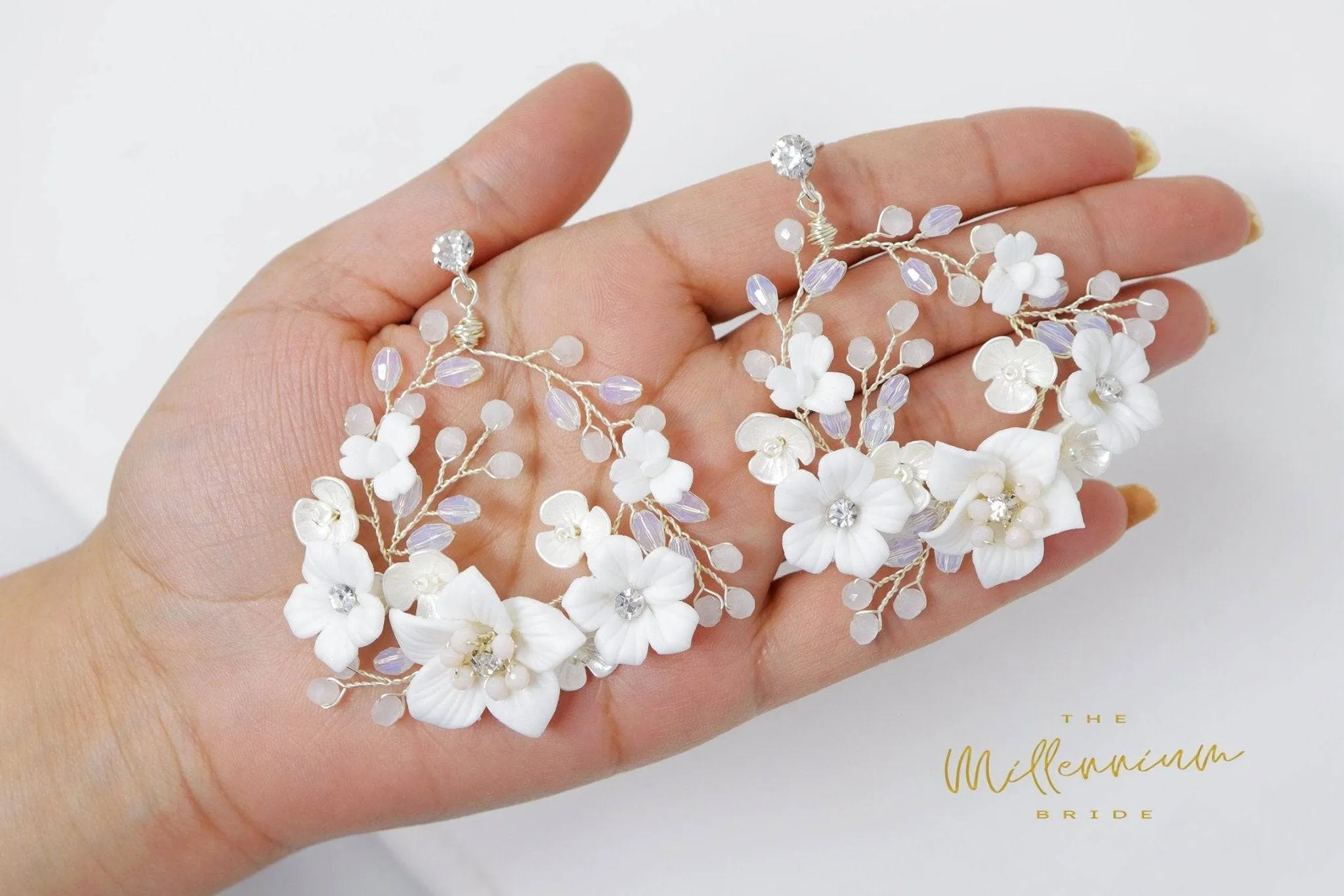 Swarovski Ceramic White Flower Sparkling Crystal Long Bridal Jewelry Crystal Bridal Earrings Statement Earrings Cz