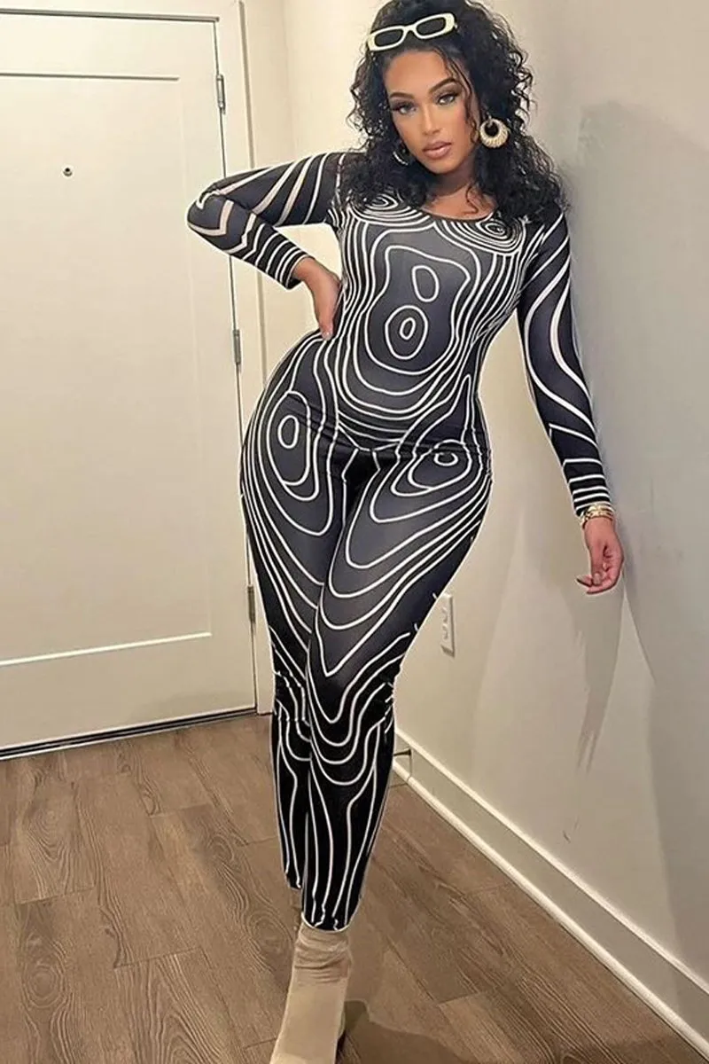 Swirl Round Neck Skinny Jumpsuit Long Sleeve