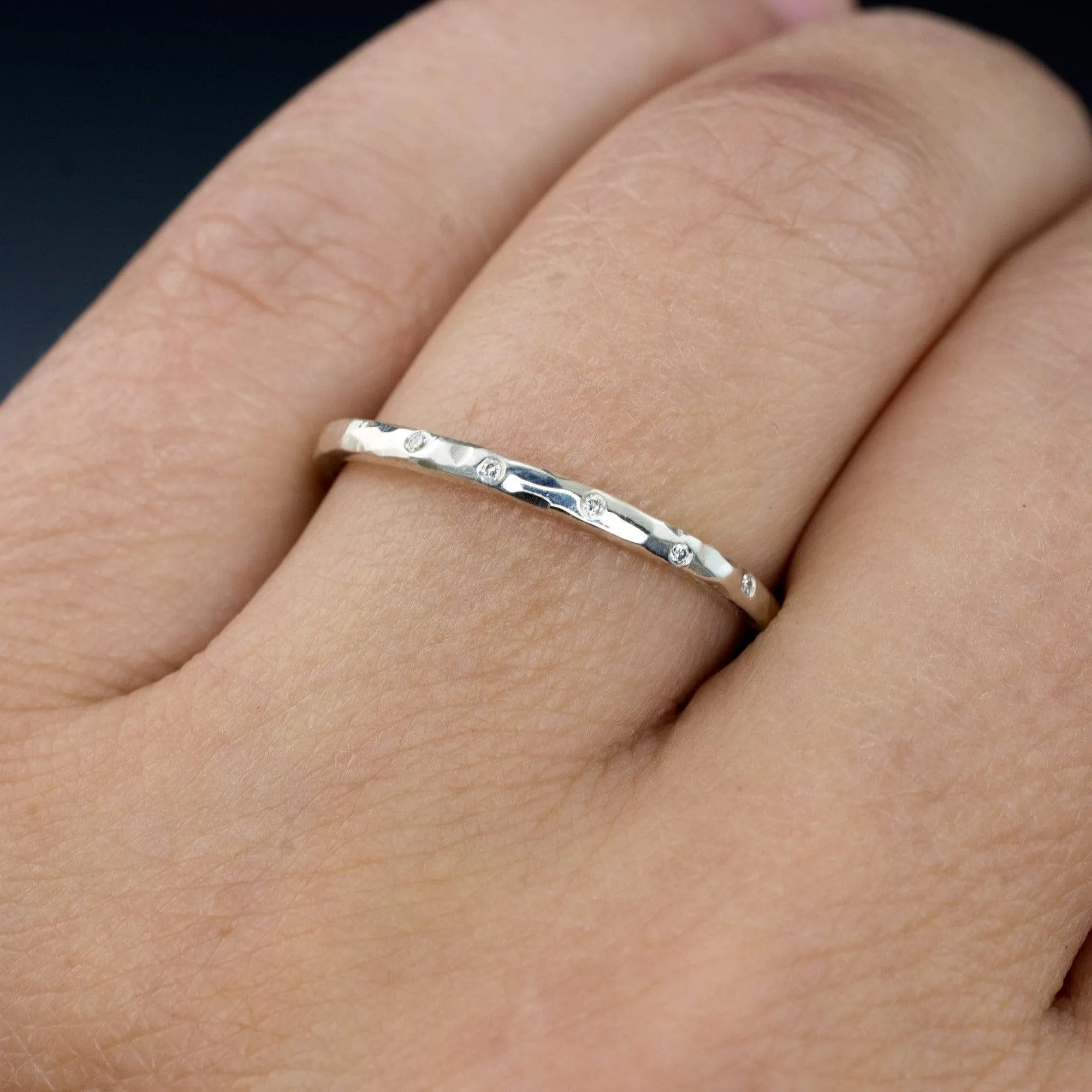 Thin Diamond Wedding Ring Skinny Hammered Texture Wedding Band