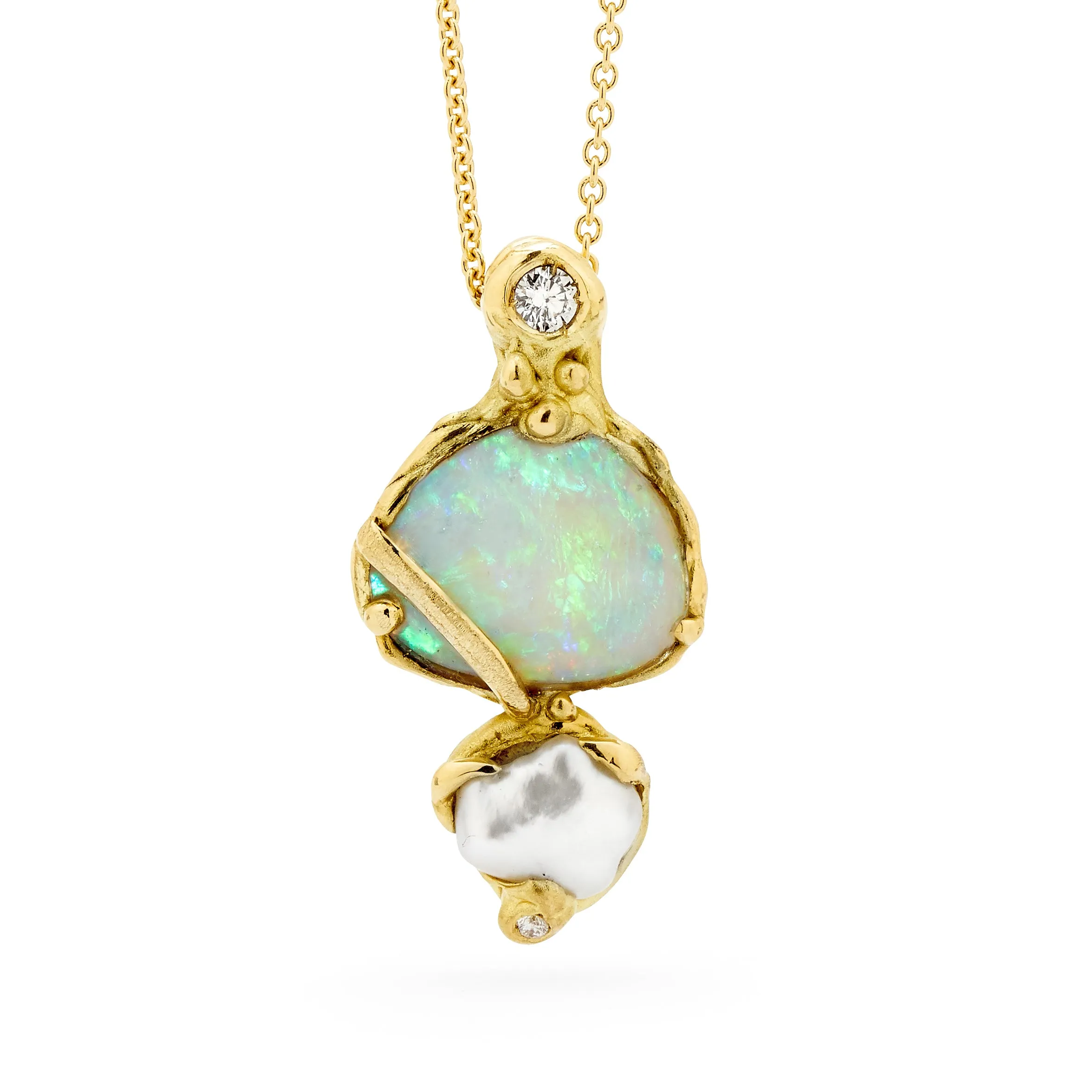 Triangular opal set with diamond and pearl pendant