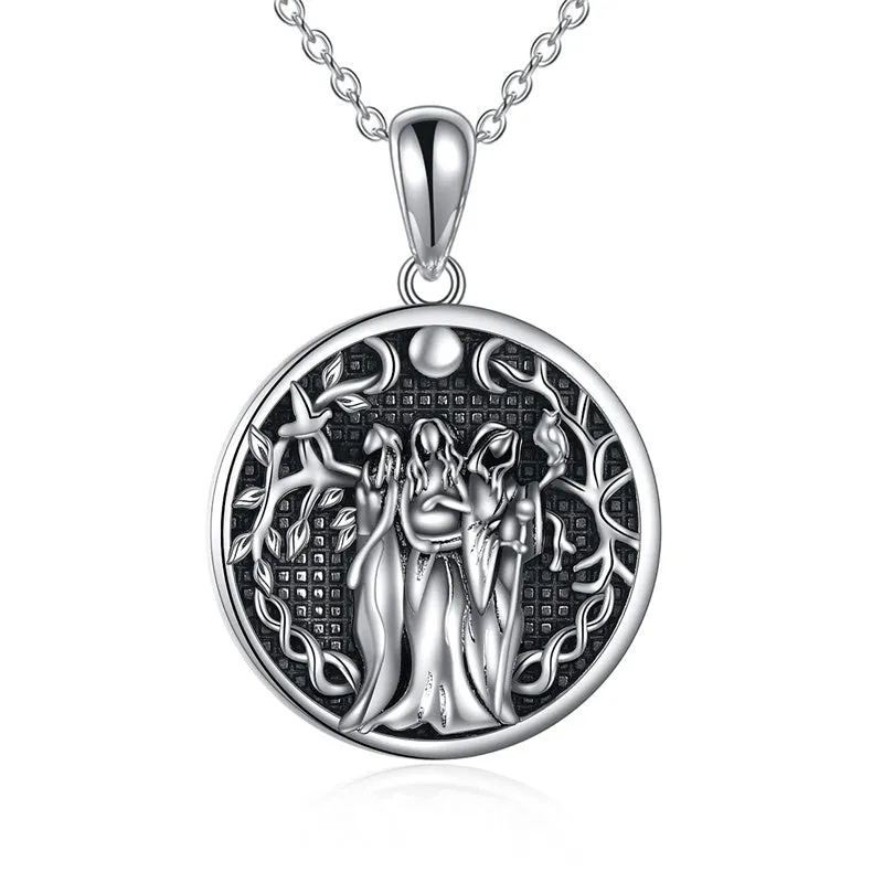 Triple Moon Goddess Necklace Sterling Silver Pagan Wiccan Magic Amulet Tree of Life Jewelry for Women Men