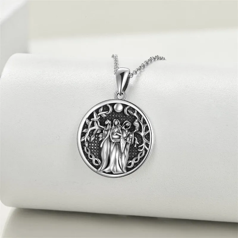 Triple Moon Goddess Necklace Sterling Silver Pagan Wiccan Magic Amulet Tree of Life Jewelry for Women Men