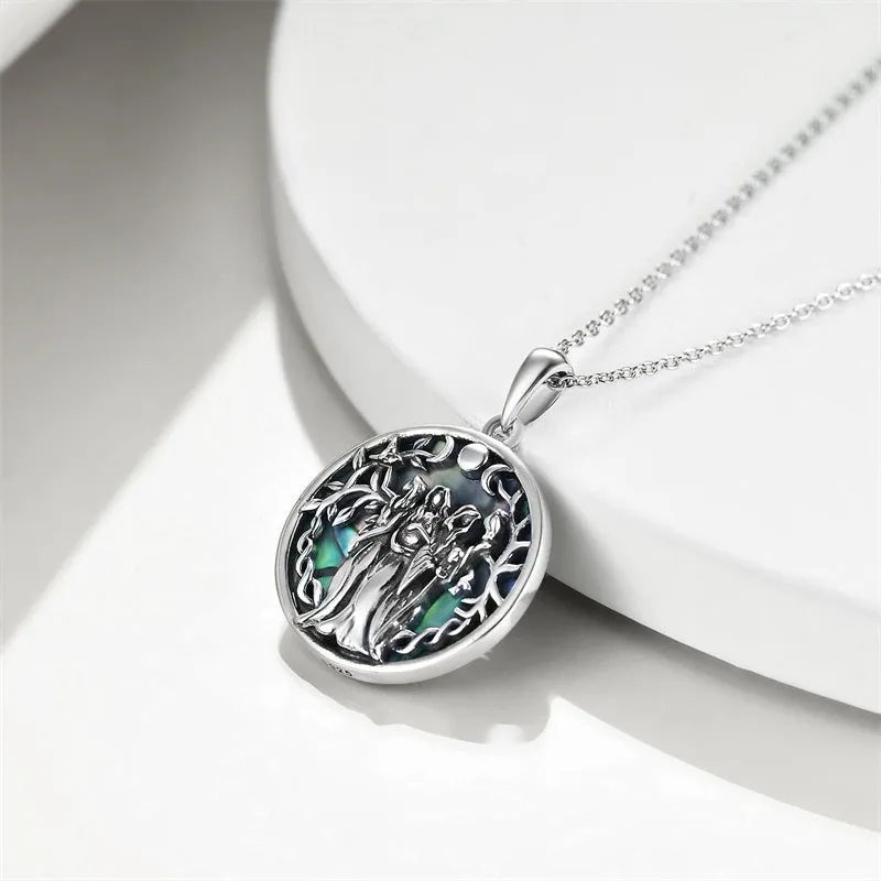 Triple Moon Goddess Necklace Sterling Silver Pagan Wiccan Magic Amulet Tree of Life Jewelry for Women Men