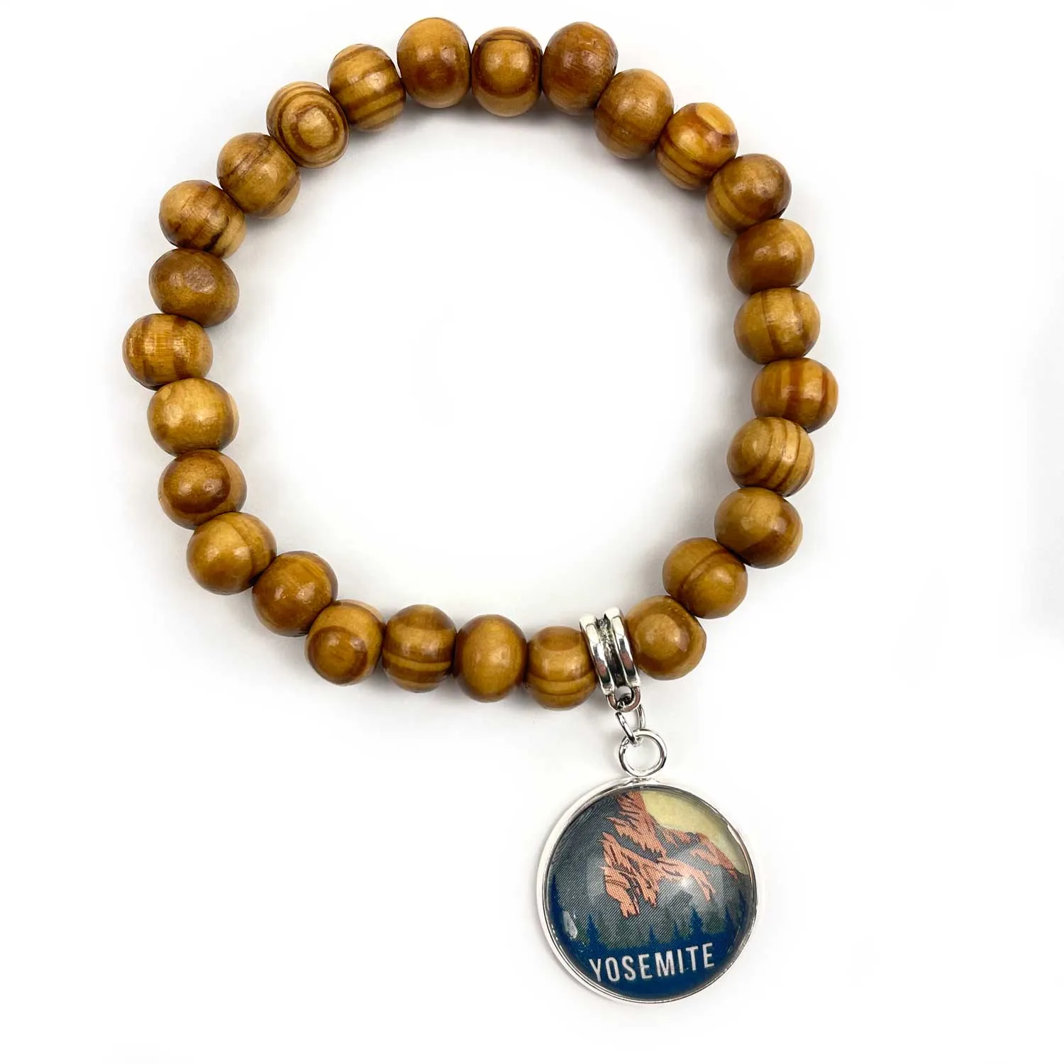 U.S. National Parks Wood Bead Stretch Bracelet with Glass Charm – Choose from 63 Parks!