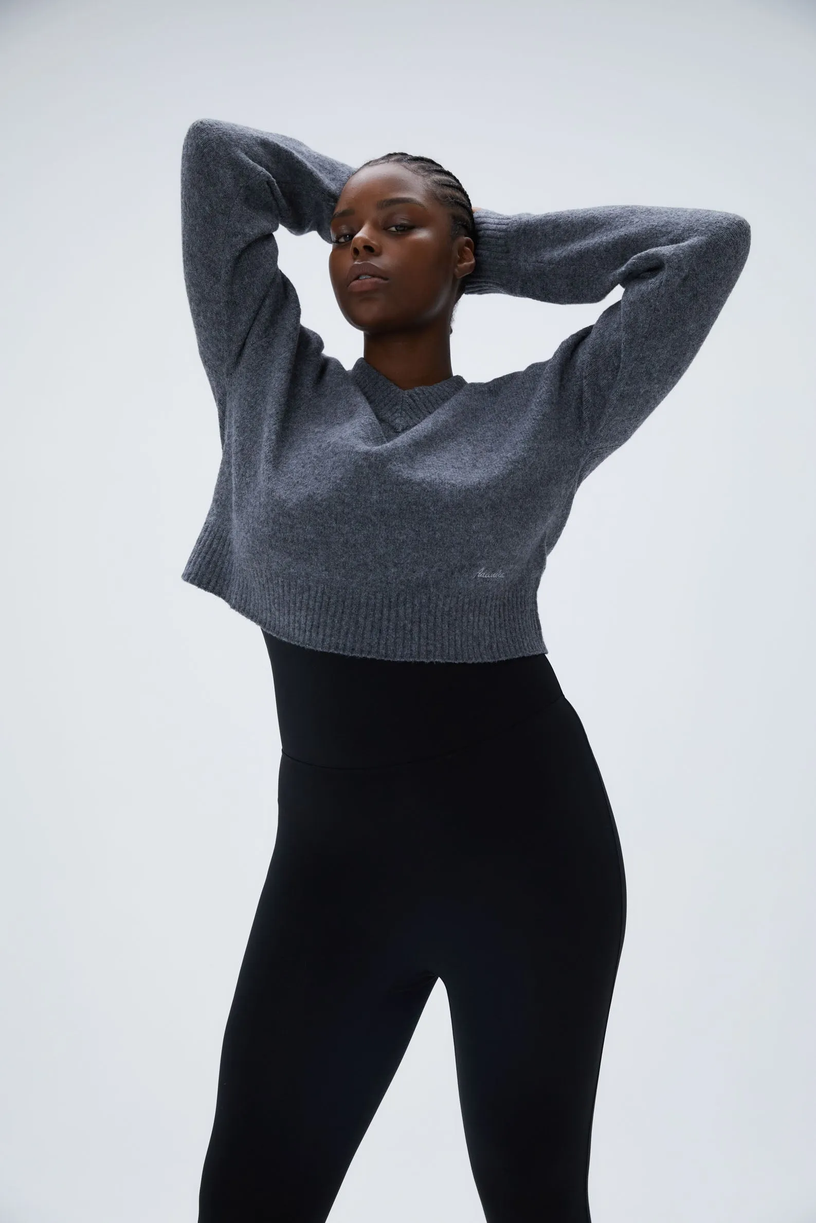 V Neck Knit Sweatshirt - Dark Grey