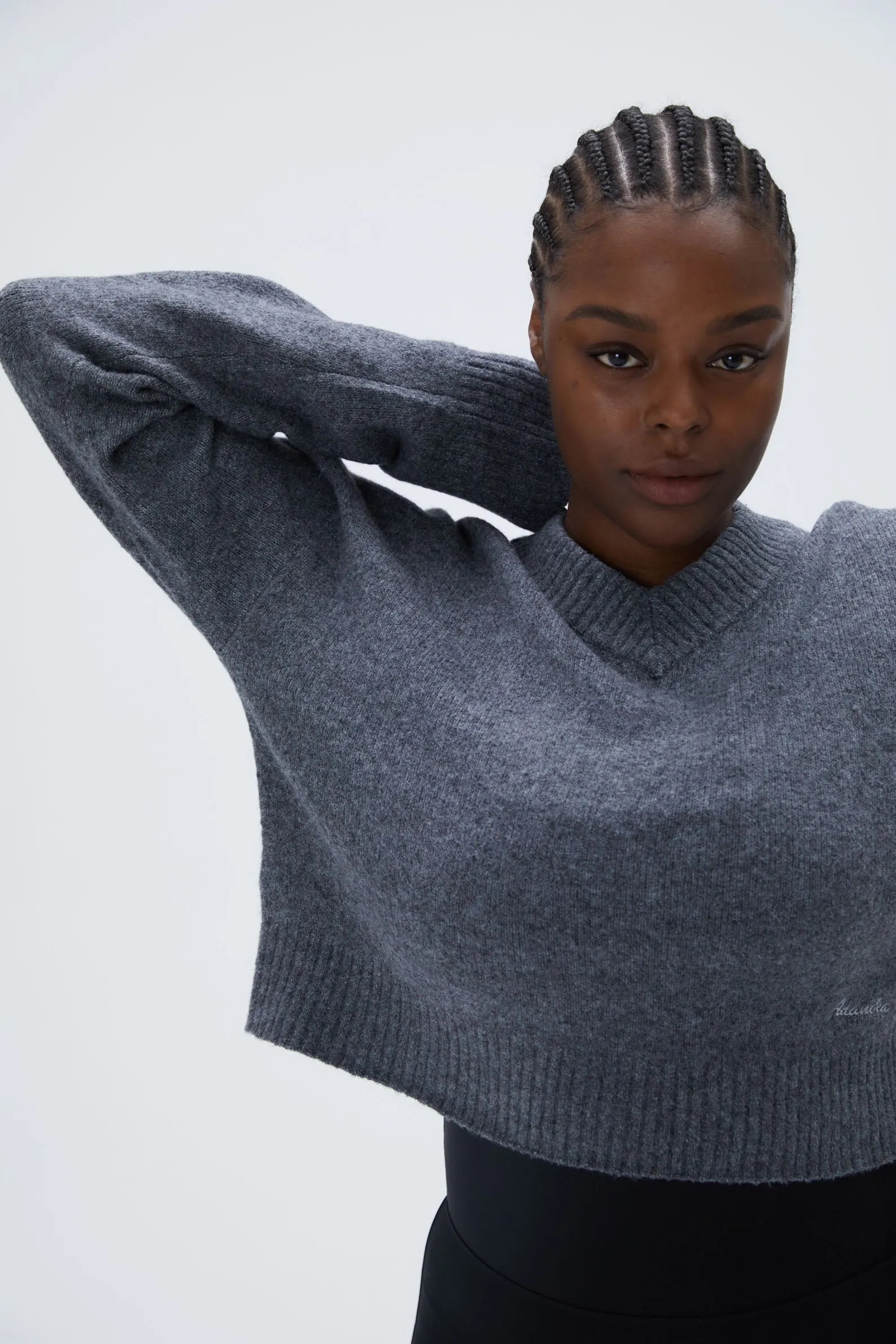 V Neck Knit Sweatshirt - Dark Grey