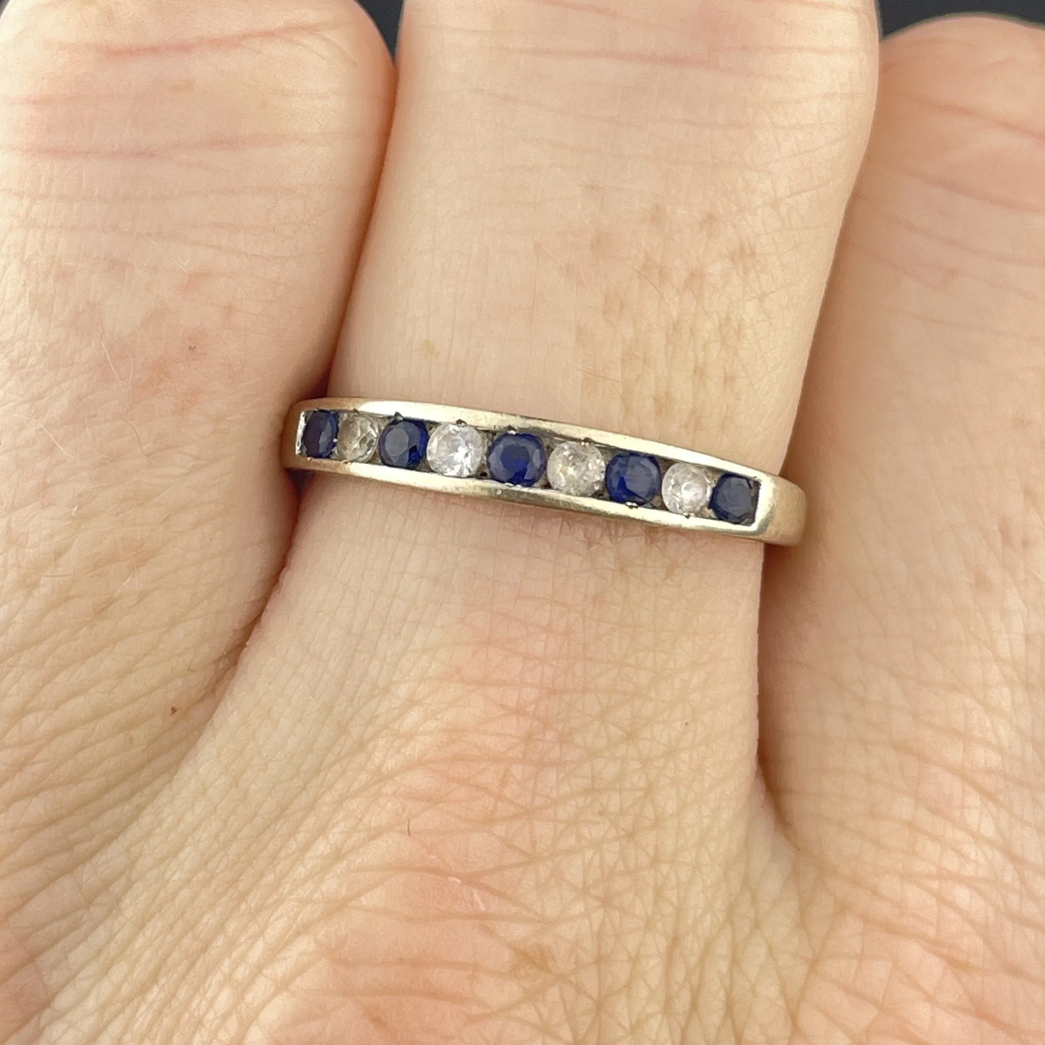 Vintage 10K White Gold Blue White Topaz Half Eternity Band Ring, Sz 8 1/4