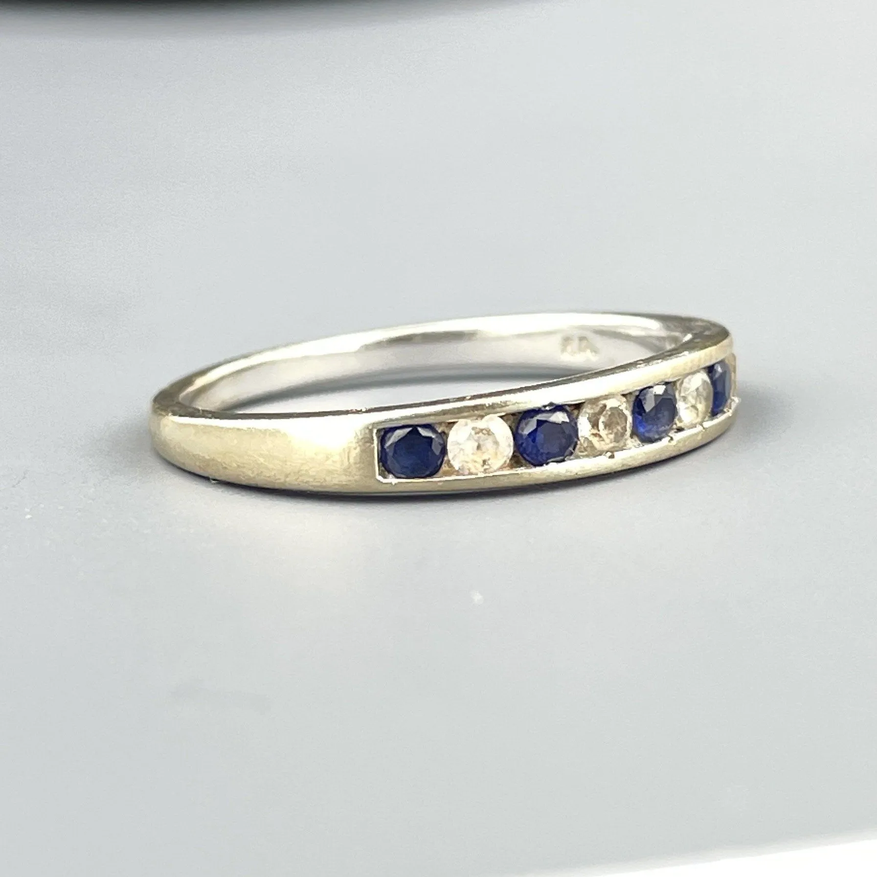 Vintage 10K White Gold Blue White Topaz Half Eternity Band Ring, Sz 8 1/4