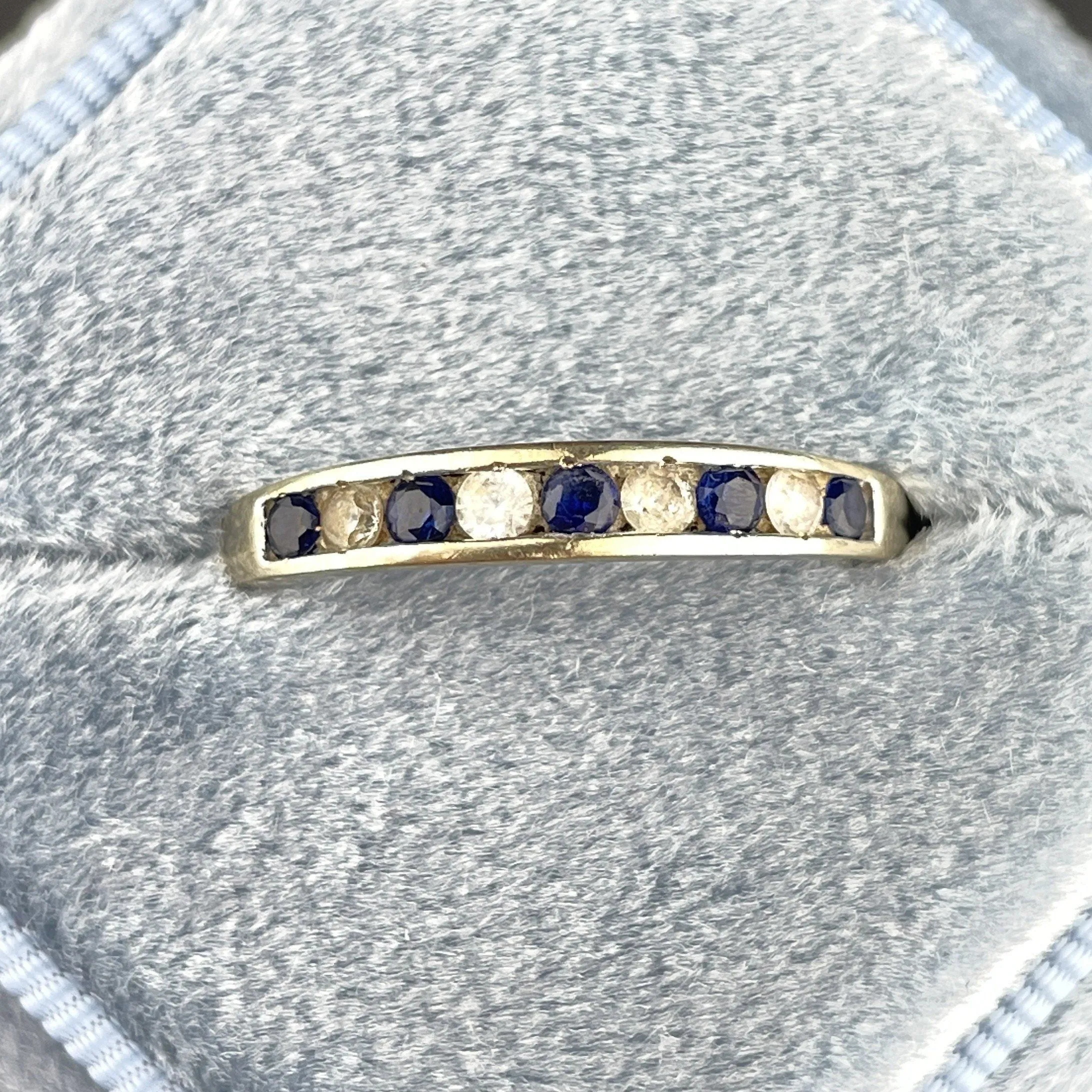 Vintage 10K White Gold Blue White Topaz Half Eternity Band Ring, Sz 8 1/4