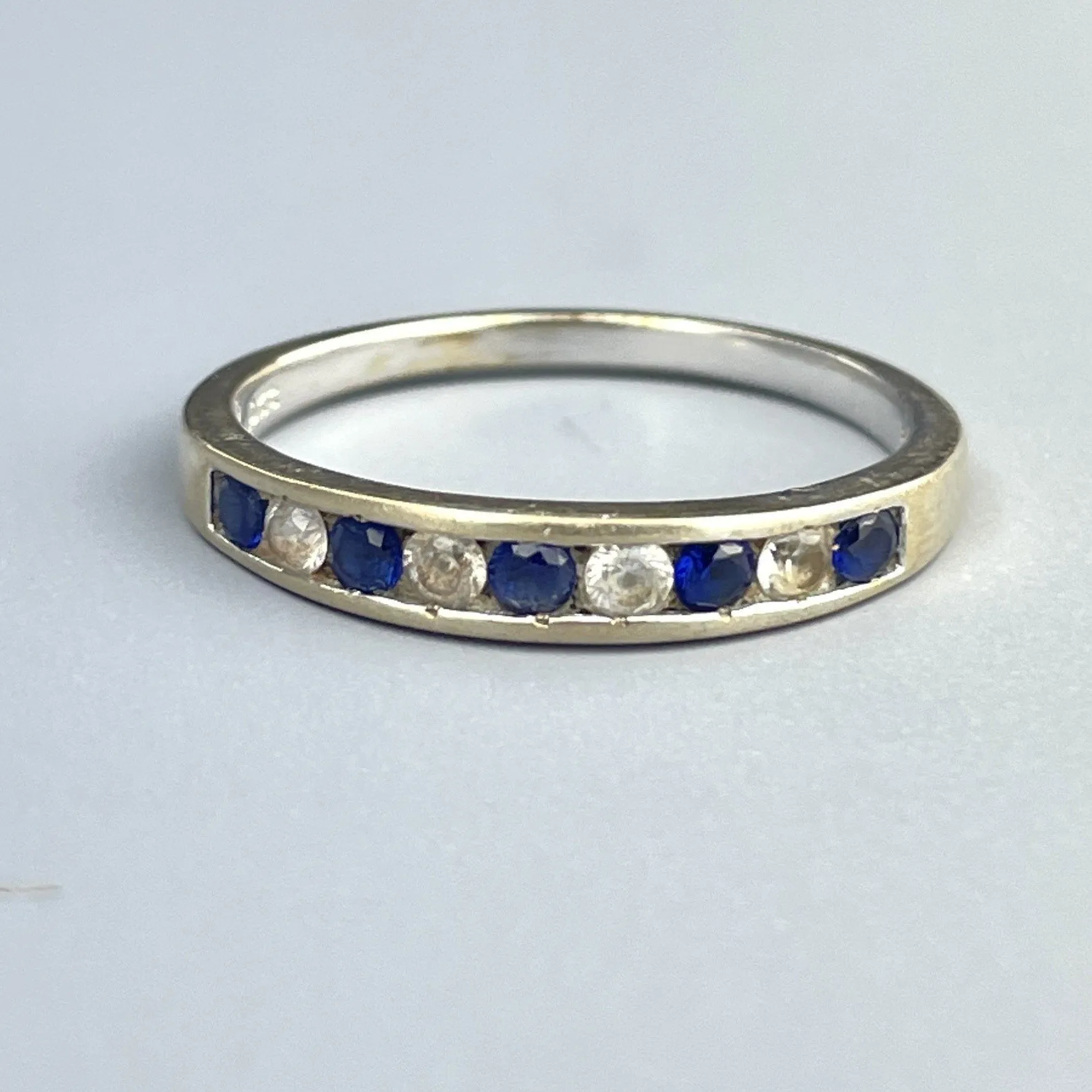 Vintage 10K White Gold Blue White Topaz Half Eternity Band Ring, Sz 8 1/4