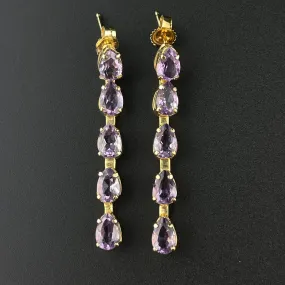 Vintage 14K Gold Five Stone Amethyst Stud Dangle Earrings