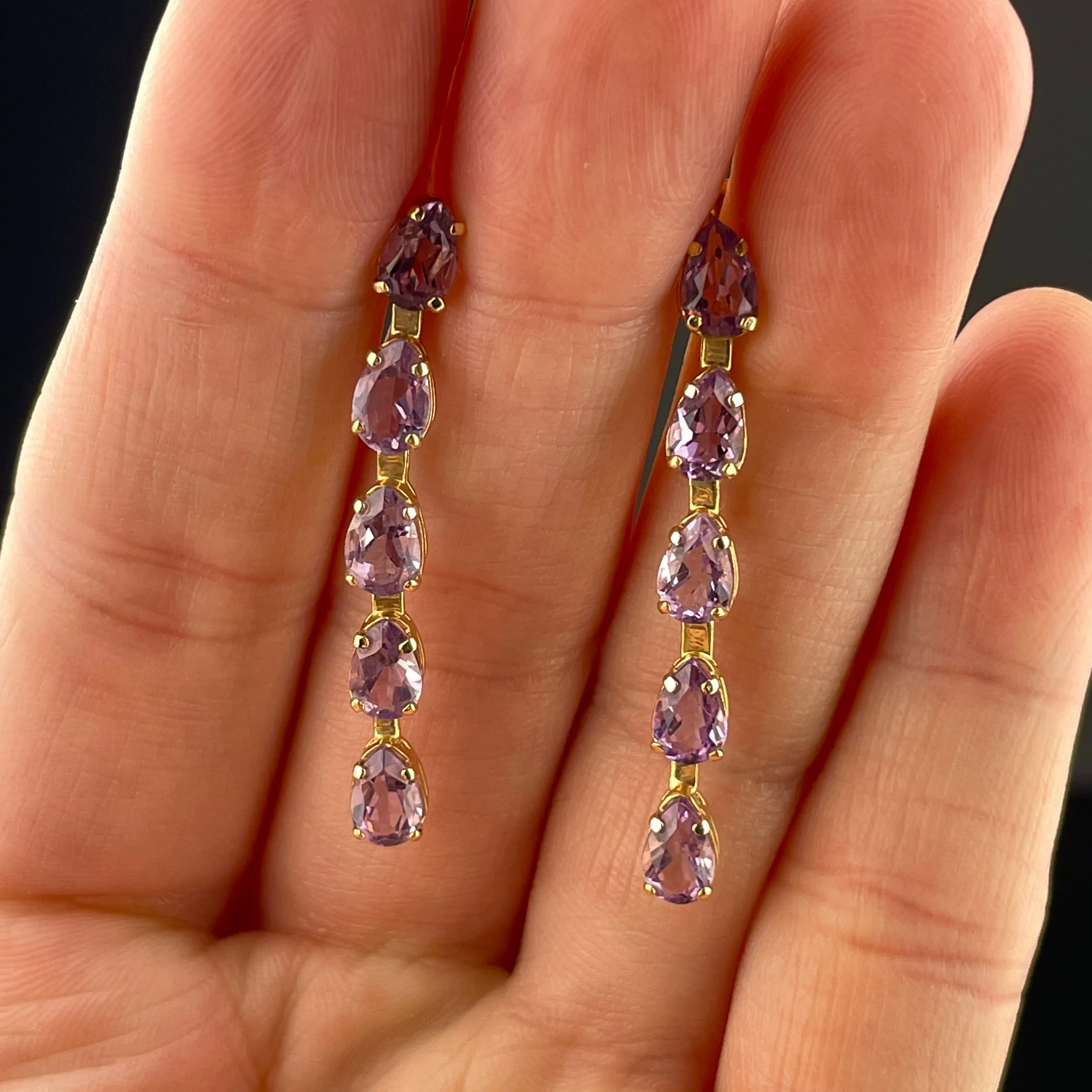 Vintage 14K Gold Five Stone Amethyst Stud Dangle Earrings