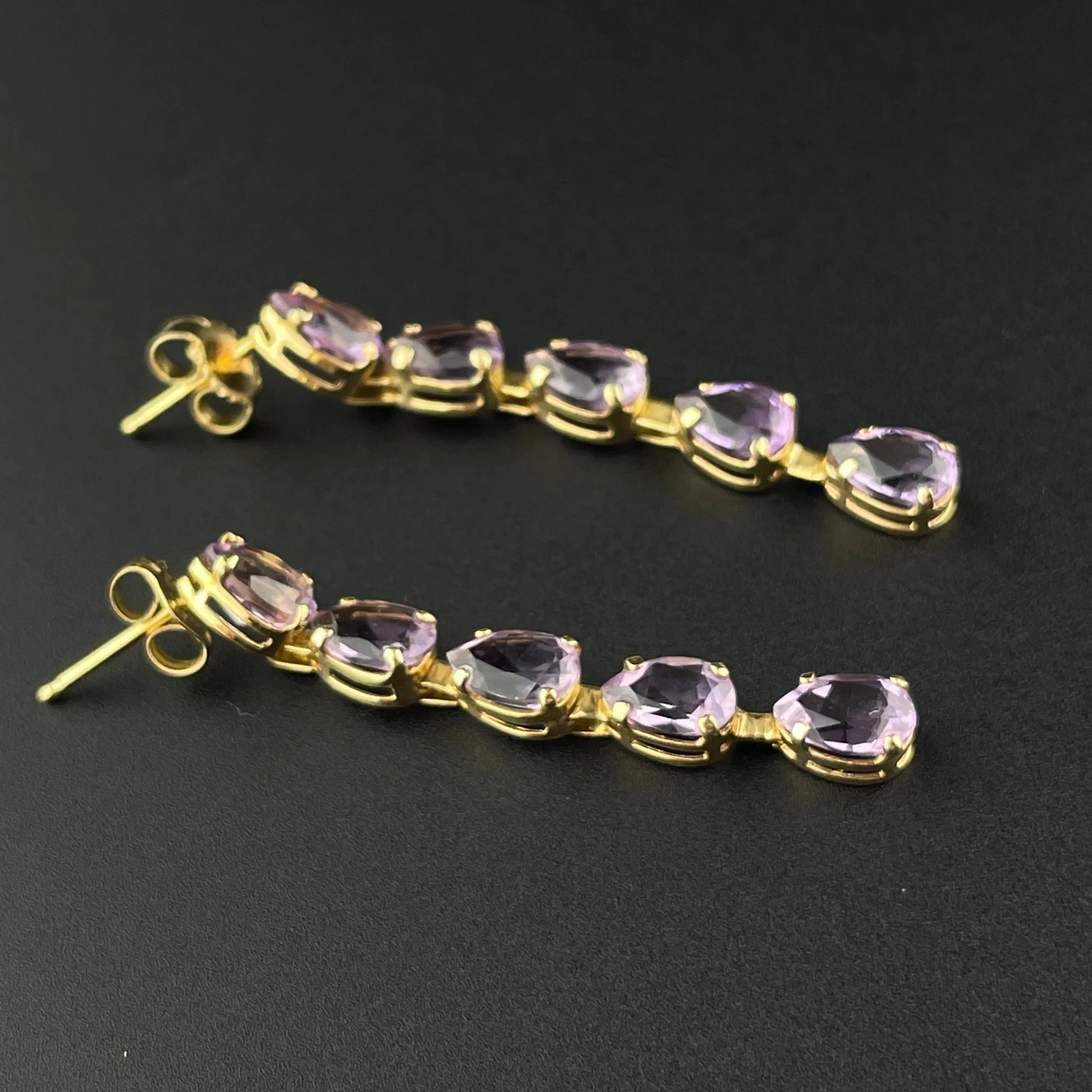 Vintage 14K Gold Five Stone Amethyst Stud Dangle Earrings