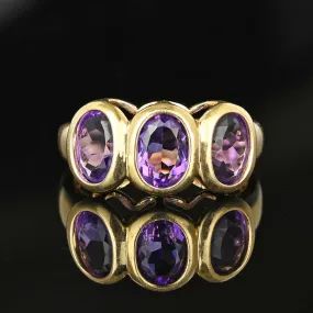 Vintage 14K Gold Three Stone Amethyst Ring