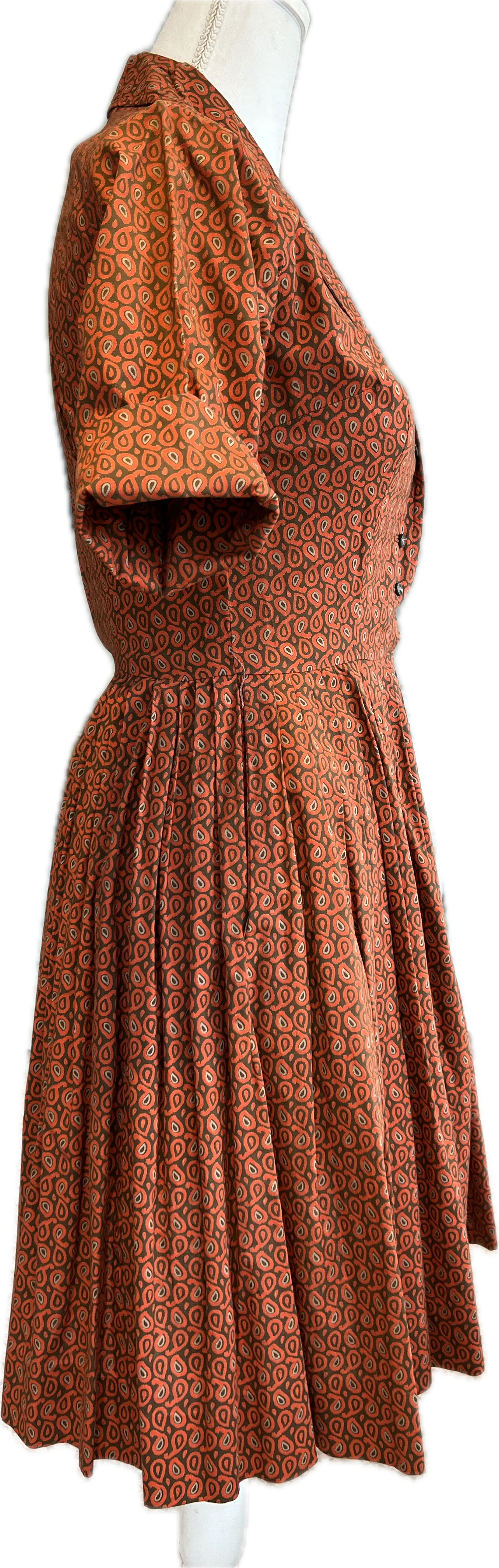 Vintage 1940s Orange and Brown Short Sleeve Dress, XS