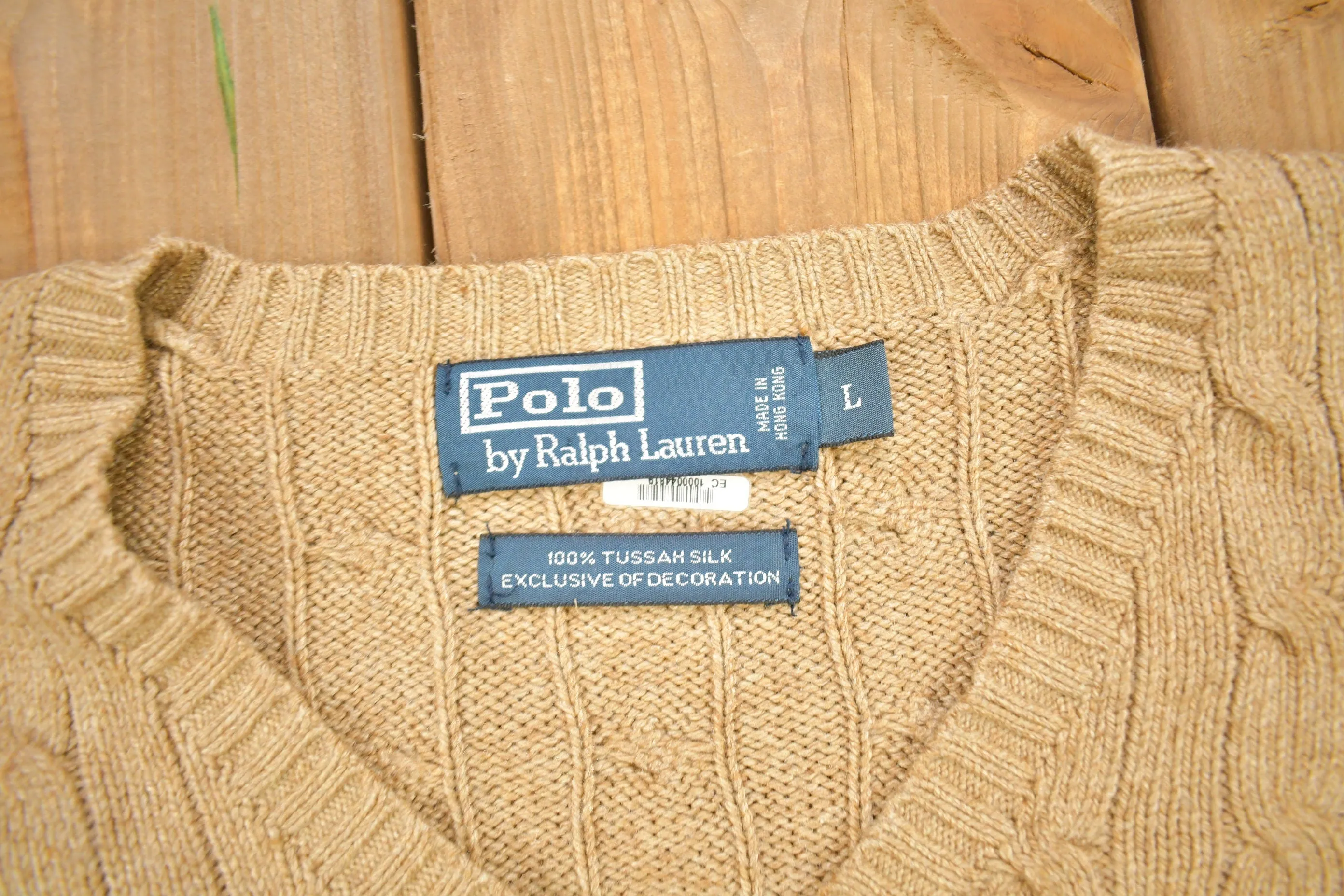 Vintage 1990s Polo Ralph Lauren Tussan Silk Knitted V-Neck Sweater / Vintage Polo / Cable Knit / Beige Sweatshirt / Abstract Pattern