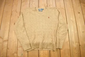 Vintage 1990s Polo Ralph Lauren Tussan Silk Knitted V-Neck Sweater / Vintage Polo / Cable Knit / Beige Sweatshirt / Abstract Pattern