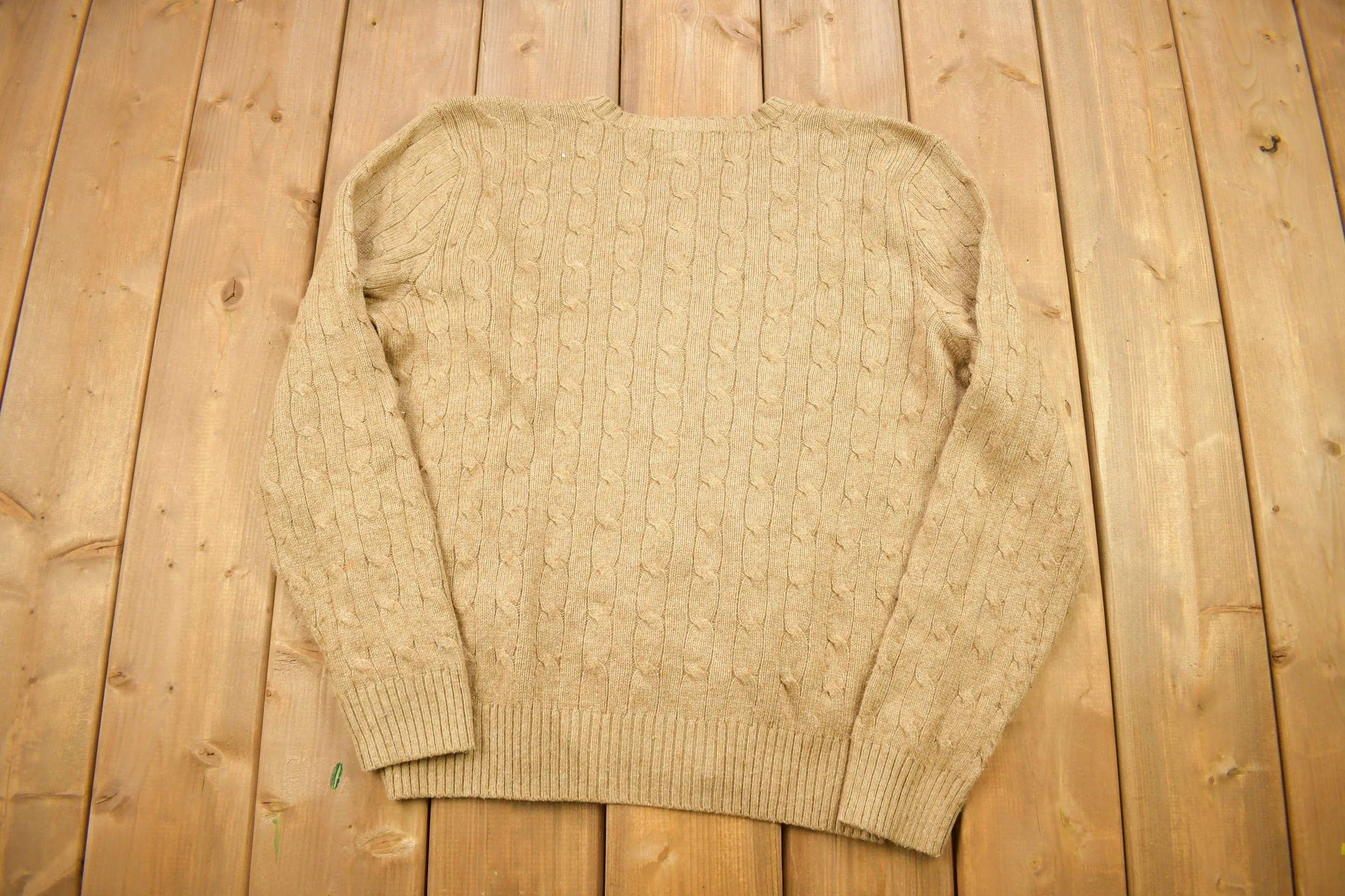 Vintage 1990s Polo Ralph Lauren Tussan Silk Knitted V-Neck Sweater / Vintage Polo / Cable Knit / Beige Sweatshirt / Abstract Pattern