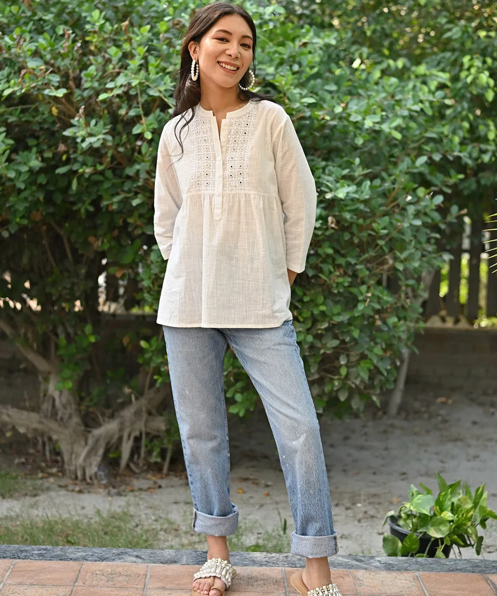 White handembroidered cotton front open top